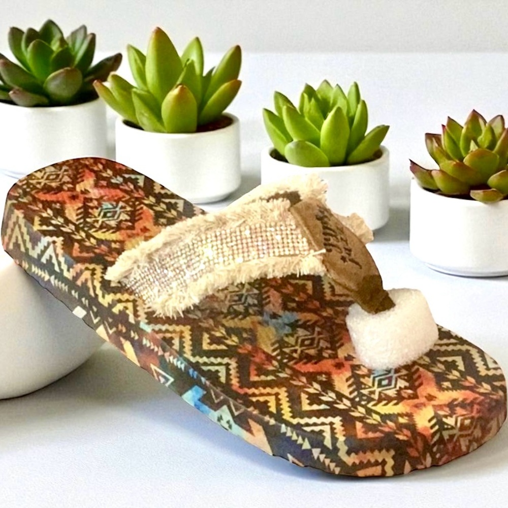 Colorful Aztec and bling flip flop